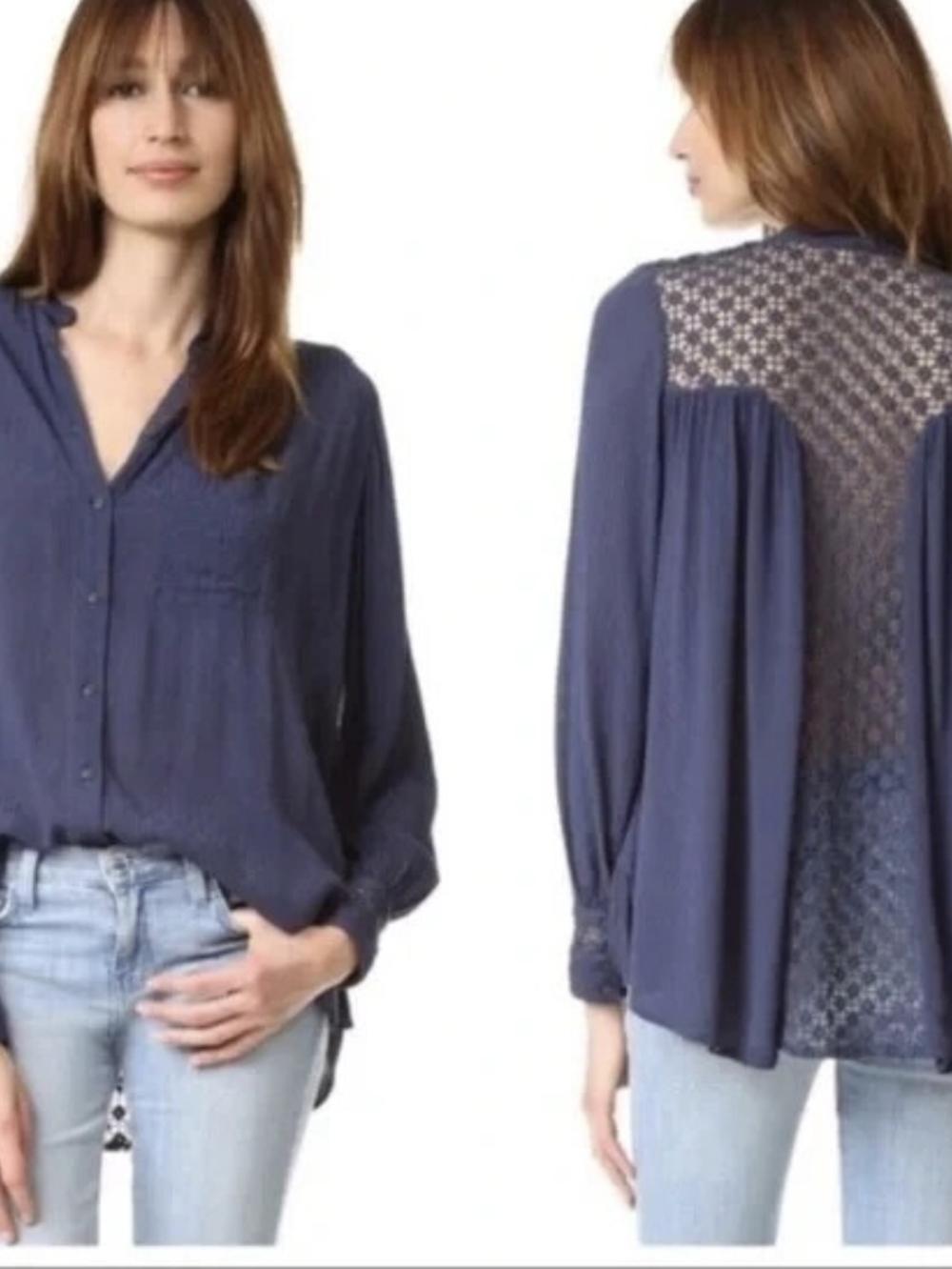 Free People The Best Button Dowm Navy Lace-Accent Button Front Blouse Size Small